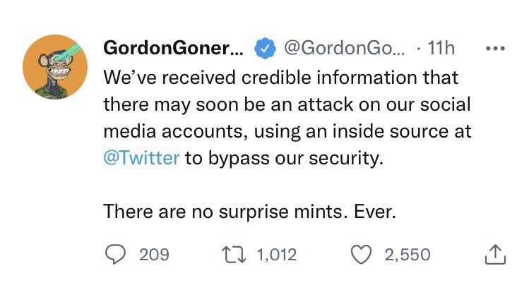 JUST IN: Bored Ape Yacht Club co-founder has warned of a potential attack on their social media accounts. Cites an insider source at Twitter. @WatcherGuru