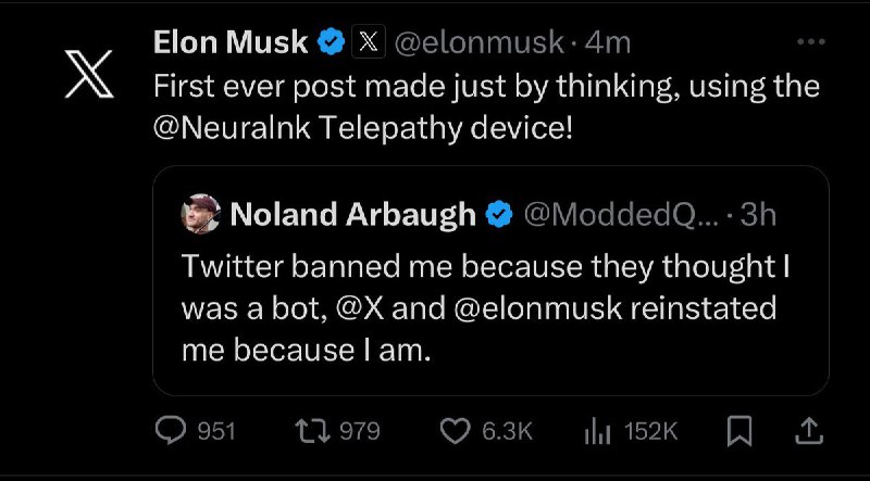 JUST IN: Elon Musk says world's first Neuralink patient has made a post on X just by thinking.@WatcherGuru