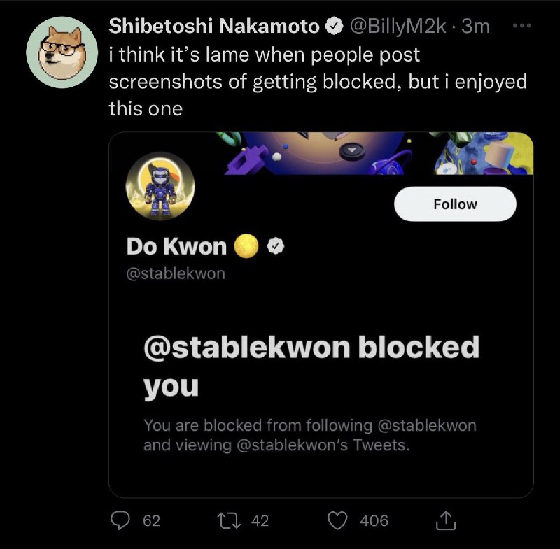 JUST IN: Terra $LUNA and $UST founder Do Kwon has blocked Dogecoin founder Billy Markus on Twitter. @WatcherGuru