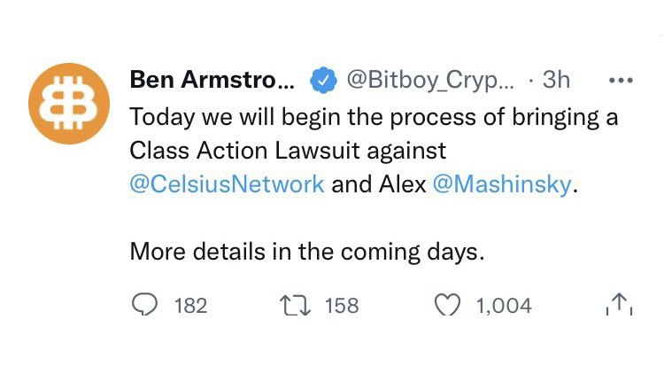 JUST IN: YouTuber Ben Amstrong (BitBoy) has announced a class action lawsuit against Celsius and its CEO. @WatcherGuru