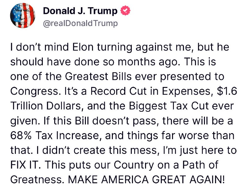 JUST IN: 🇺🇸 President Trump says he doesn't mind Elon Musk turning against him. 