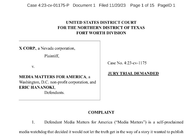 JUST IN: X (Twitter) officially files lawsuit against Media Matters.@WatcherGuru