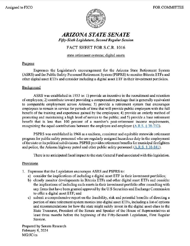 JUST IN: 🇺🇸 Arizona Senate considers adding spot Bitcoin ETFs to the states retirement portfolio.@WatcherGuruJUST IN: 🇺🇸 Arizona Senate considers adding spot Bitcoin ETFs to the states retirement portfolio.@WatcherGuru