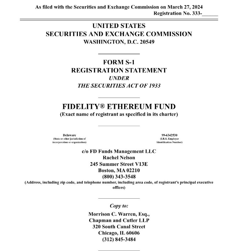 JUST IN: $4.5 trillion asset manager Fidelity files S-1 form for Spot Ethereum ETF with staking included.@WatcherGuruJUST IN: $4.5 trillion asset manager Fidelity files S-1 form for Spot Ethereum ETF with staking included.@WatcherGuru
