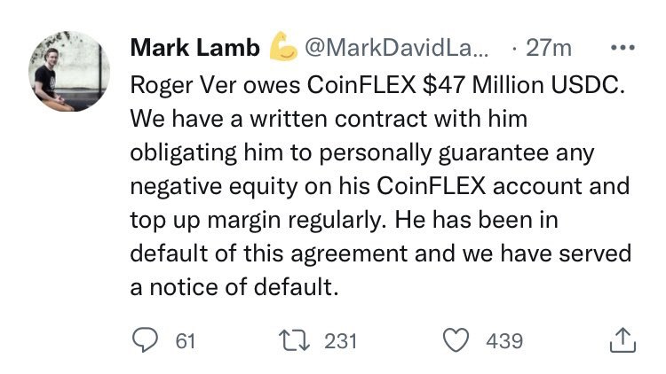 JUST IN: CoinFLEX CEO says Roger Ver owes them $47 million $USDC. @WatcherGuru