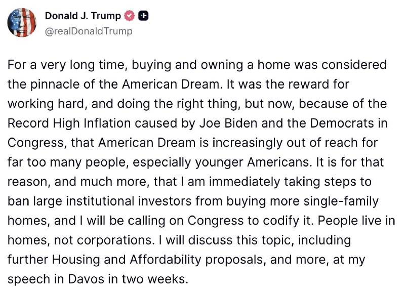 JUST IN: 🇺🇸 President Trump to ban large institutional investors from buying single-family homes.