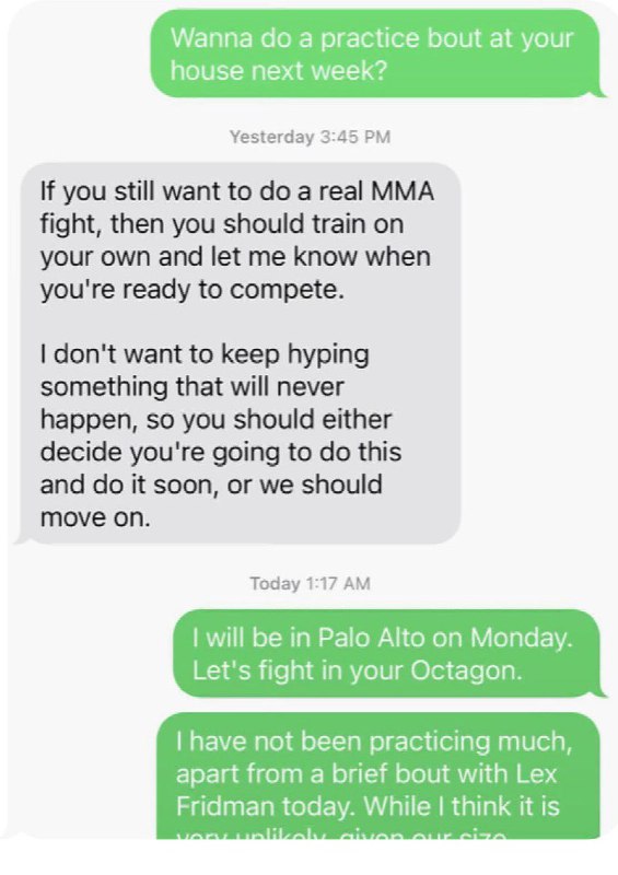 JUST IN: Elon Musk texted Mark Zuckerberg about their upcoming fight.Zuck: 