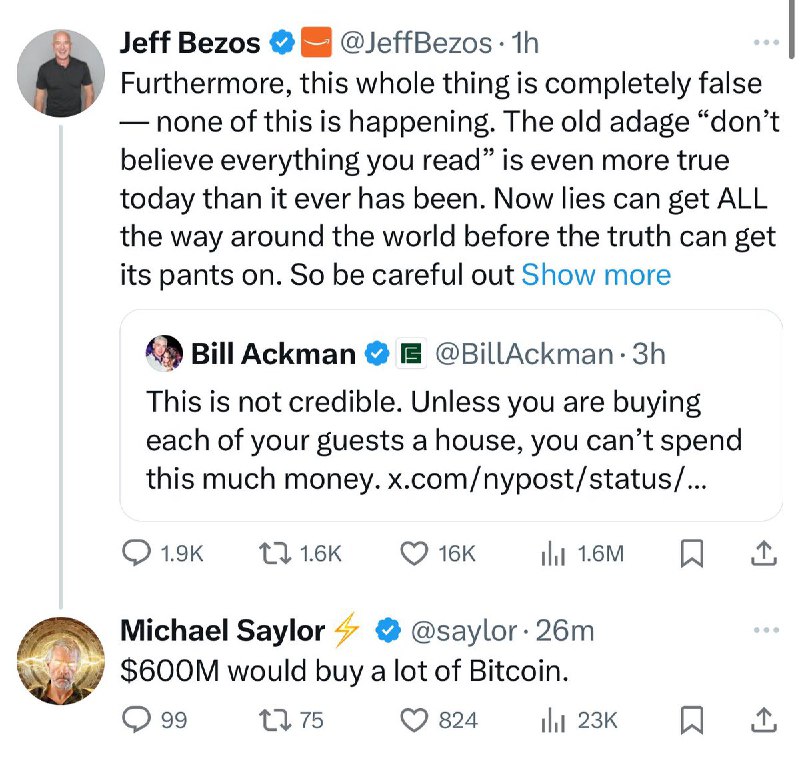 JUST IN: Michael Saylor suggests Amazon founder Jeff Bezos buy $600 million worth of Bitcoin.@WatcherGuru