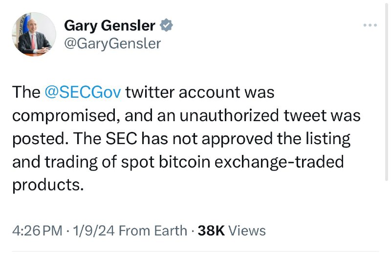 BREAKING: Gary Gensler says SEC's X account was hacked & it has not approved any Bitcoin ETFs.@WatcherGuruBREAKING: Gary Gensler says SEC's X account was hacked & it has not approved any Bitcoin ETFs.@WatcherGuru