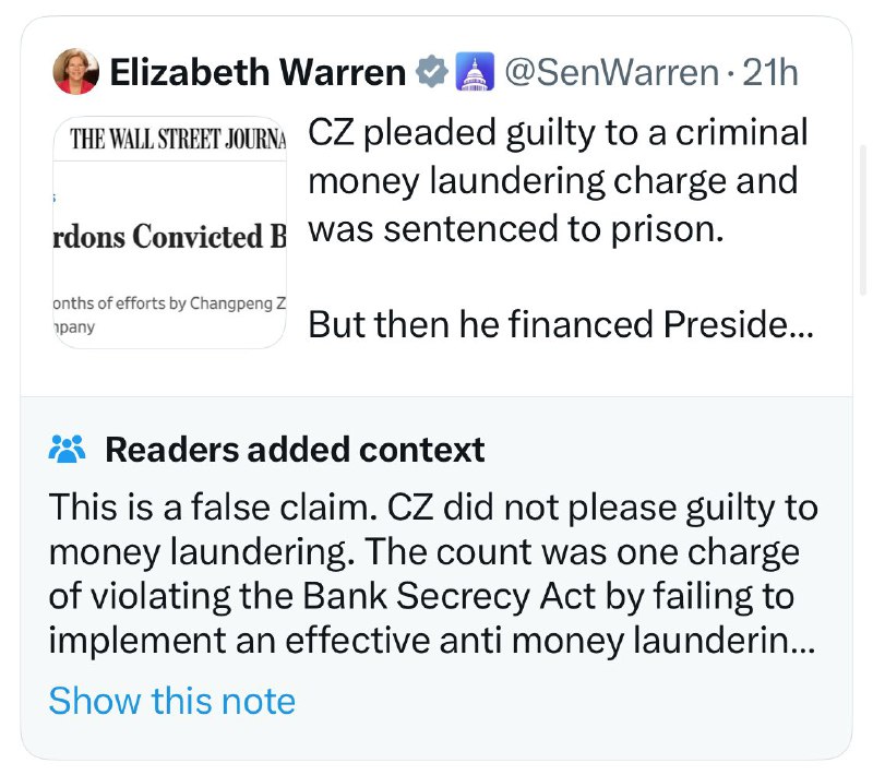 JUST IN: Anti-crypto Senator Elizabeth Warren gets a Community Note for posting false information about Binance Founder CZ after his pardon.@WatcherGuru