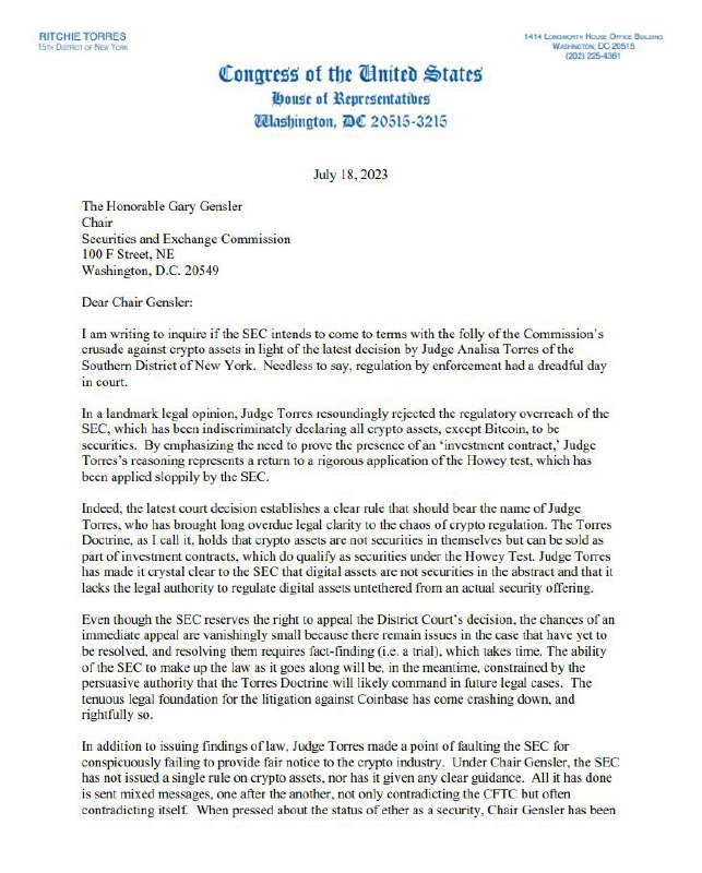 JUST IN: 🇺🇸 US Congressman Ritchie Torres asks SEC Chair Gary Gensler to stop its assault on crypto, says cryptocurrencies are not securities.📰 Full Story @WatcherGuru