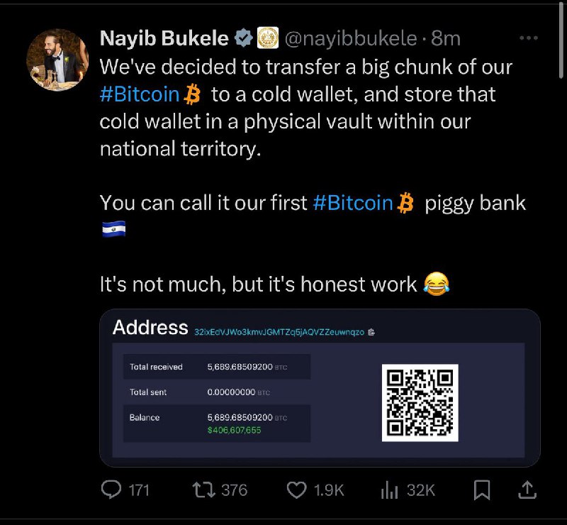 JUST IN: 🇸🇻 El Salvador President Nayib Bukele says the country transferred its Bitcoin to a cold wallet and is holding it in a physical vault within national territory.@WatcherGuruJUST IN: 🇸🇻 El Salvador President Nayib Bukele says the country transferred its Bitcoin to a cold wallet and is holding it in a physical vault within national territory.@WatcherGuru