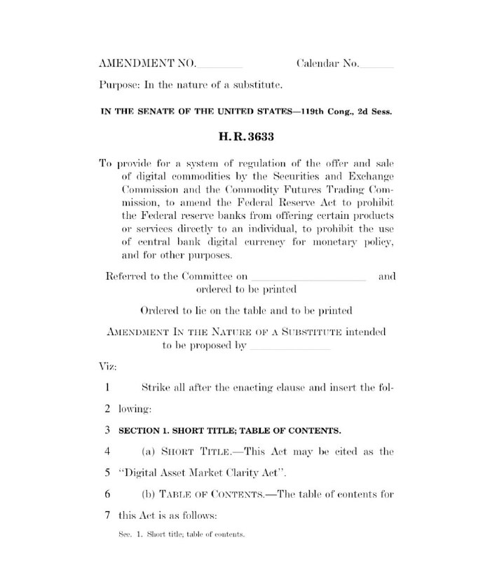 JUST IN: 🇺🇸 US Senate Republicans release new crypto Clarity Act draft bill.@WatcherGuruJUST IN: 🇺🇸 US Senate Republicans release new crypto Clarity Act draft bill.@WatcherGuru
