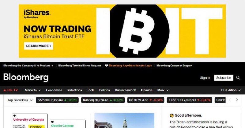 JUST IN: BlackRock launches Bitcoin ETF advertising campaign on Bloomberg's homepage.@WatcherGuru