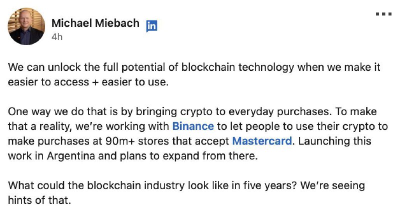 JUST IN: Mastercard CEO says they’re working with Binance to let people spend crypto at more than 90,000,000 stores. @WatcherGuru