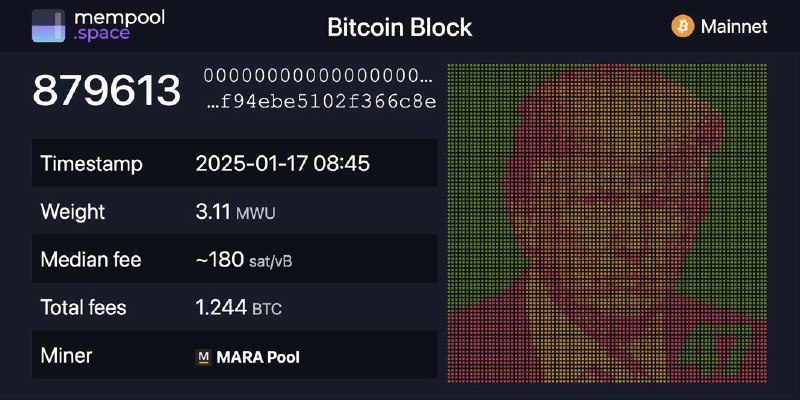 JUST IN: 🇺🇸 Bitcoin miner MARA honors President-elect Trump's inauguration by mining his portrait into a $BTC block.@WatcherGuru