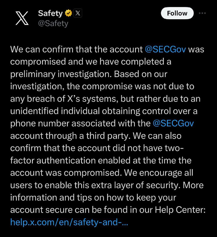 JUST IN: X confirms the SEC's account was hacked and did not have two-factor authentication enabled.@WatcherGuru