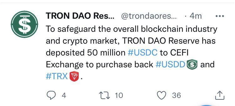 JUST IN: Tron DAO Reserve has deposited 50 million $USDC to CEFI Exchange to purchase USDD and TRX. @WatcherGuru