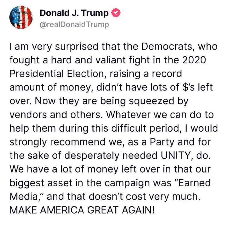 JUST IN: 🇺🇸 President-elect Donald Trump offers to pay Kamala Harris' $20 million campaign debt.@WatcherGuru