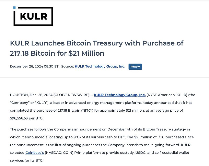 JUST IN: KULR Technology, a publicly traded company purchases 217 Bitcoin worth $21 million for its Bitcoin Treasury.@WatcherGuru