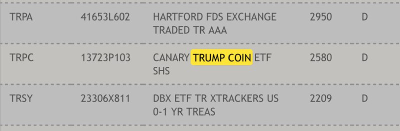 JUST IN: Trump Coin ETF listed on the DTCC.@WatcherGuru