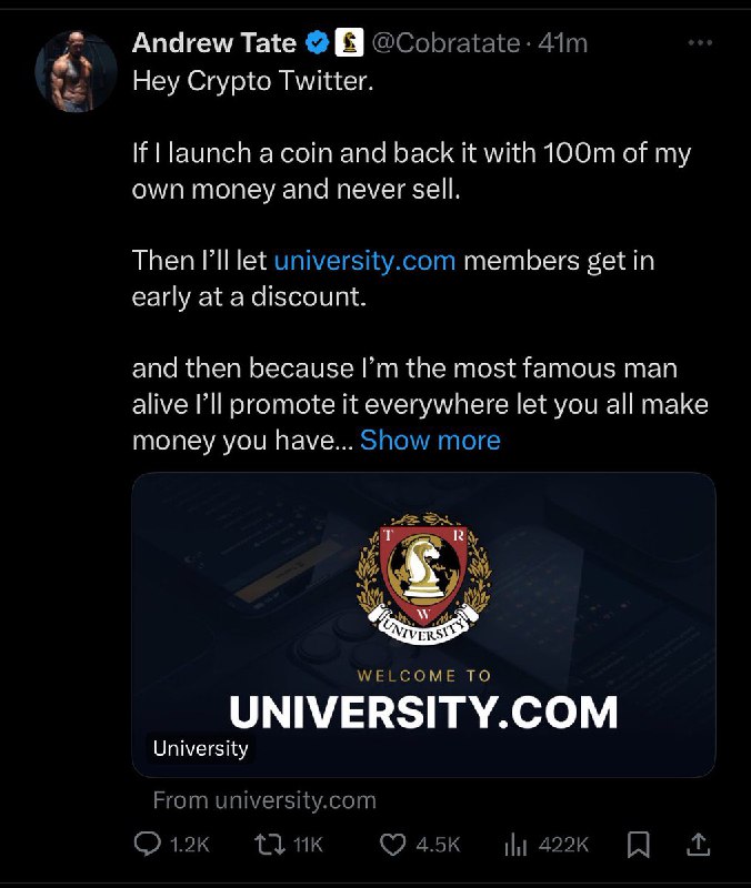 JUST IN: Andrew Tate proposes launching his own cryptocurrency, backing it with $100 million and never selling.@WatcherGuruJUST IN: Andrew Tate proposes launching his own cryptocurrency, backing it with $100 million and never selling.@WatcherGuru