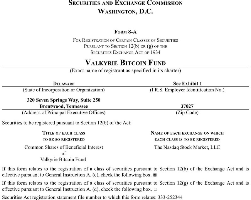 JUST IN: Valkyrie files registration of securities with SEC for its spot Bitcoin ETF.@WatcherGuru