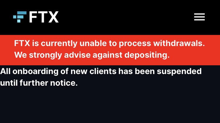 JUST IN: FTX․com suspends all onboarding of new clients and warns users against depositing.@WatcherGuru